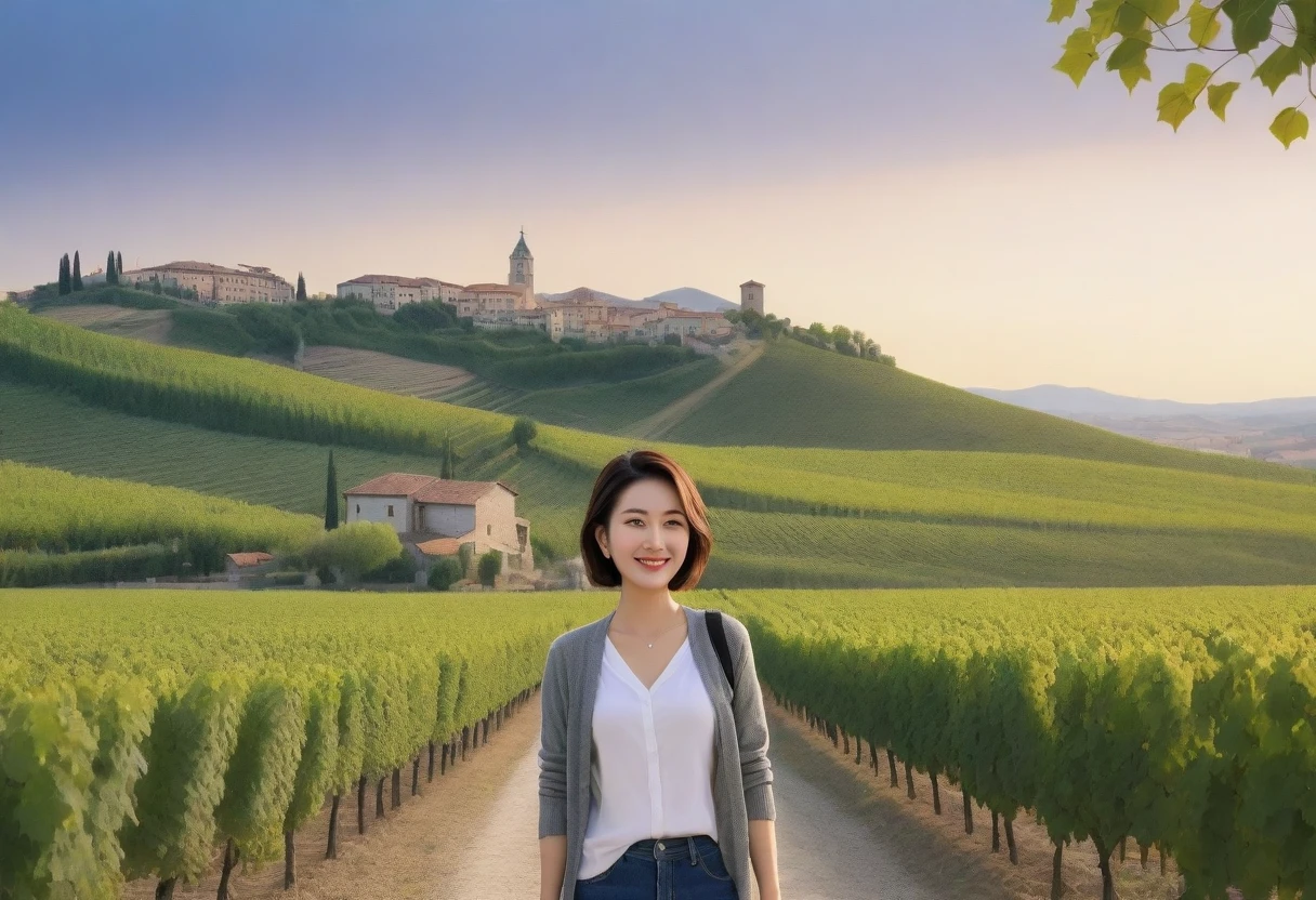 8k best picture quality, Beautiful 36-year-old Korean woman, Chest size 34 inches, northern italy dawn, View of the cathedral next to the vineyards, The back background is realistic and vivid quality., short medium hair, white shirt and cardigan, Wear casual pants, Smile slightly. the background is clear, look up to the side. cottonwood tree-lined hill, Looking at the vineyards from a curved path