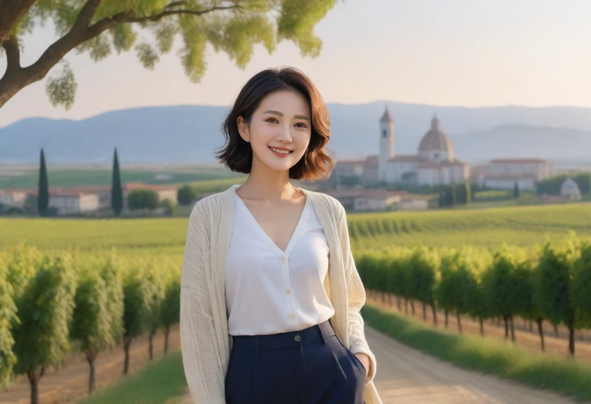 8k best picture quality, Beautiful 36-year-old Korean woman, Chest size 34 inches, northern italy dawn, View of the cathedral next to the vineyards, The back background is realistic and vivid quality., short medium hair, white shirt and cardigan, Wear casual pants, Smile slightly. the background is clear, look up to the side. cottonwood tree-lined hill, Looking at the vineyards from a curved path