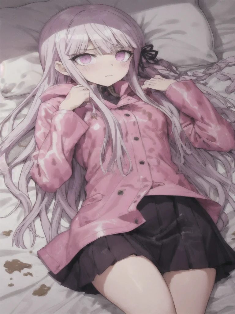 a girl laying in bed, kyoko kirigiri, wearing a pink shiny buttoned raincoat, ((muddy clothes)), covered in mud, mud splatters, embarrassed expression on her face, bright lighting, vivid colors