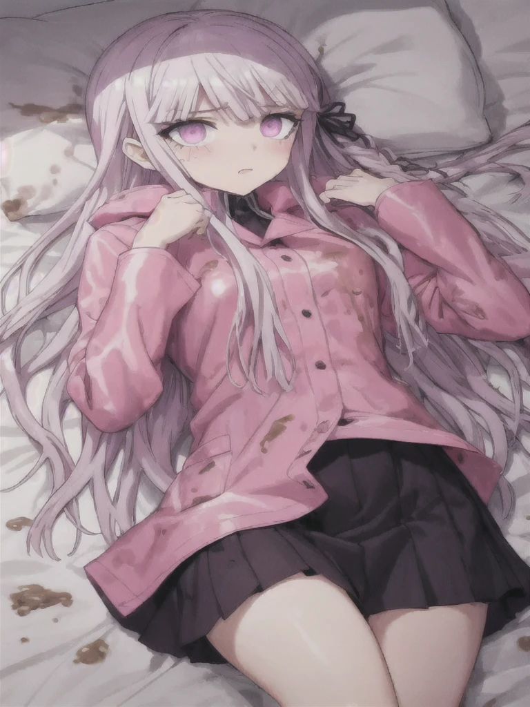 a girl laying in bed, kyoko kirigiri, wearing a pink shiny buttoned raincoat, ((muddy clothes)), covered in mud, mud splatters, embarrassed expression on her face, bright lighting, vivid colors