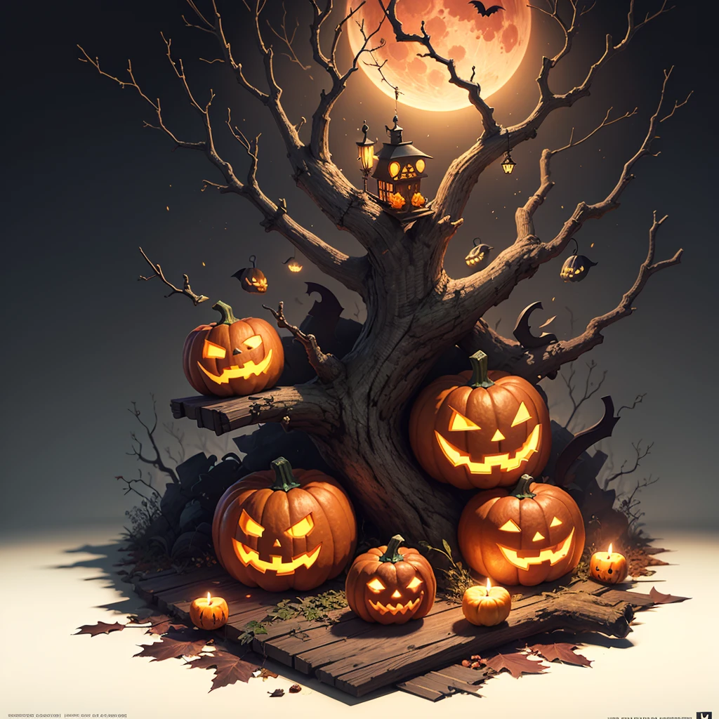 Halloween Poster, Pumpkin, Bat, withered huge branches, Red Moon, Ray Tracing, Stacked treasure chests, city