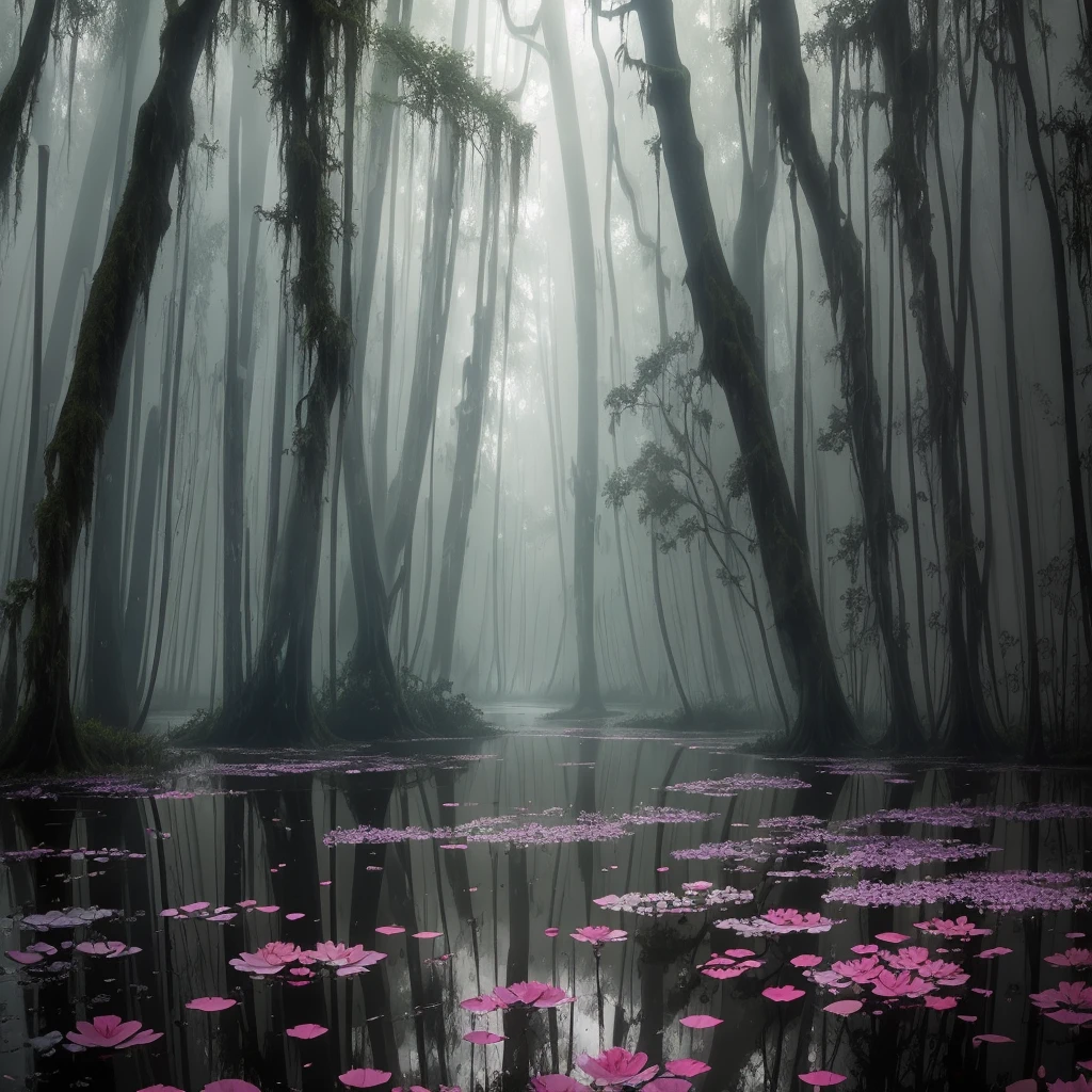 there are many flowers that are growing in the water, artistic swamp with mystic fog, misty swamp, located in a swamp at sunrise, scene from louisiana swamps, foggy swamp, in a misty pond, louisiana swamps, mystical forest lagoon, beautiful and mysterious, harmony of swamp, in a foggy pond, swamp forest, flooded swamp, extremely beautiful and ethereal, bayou