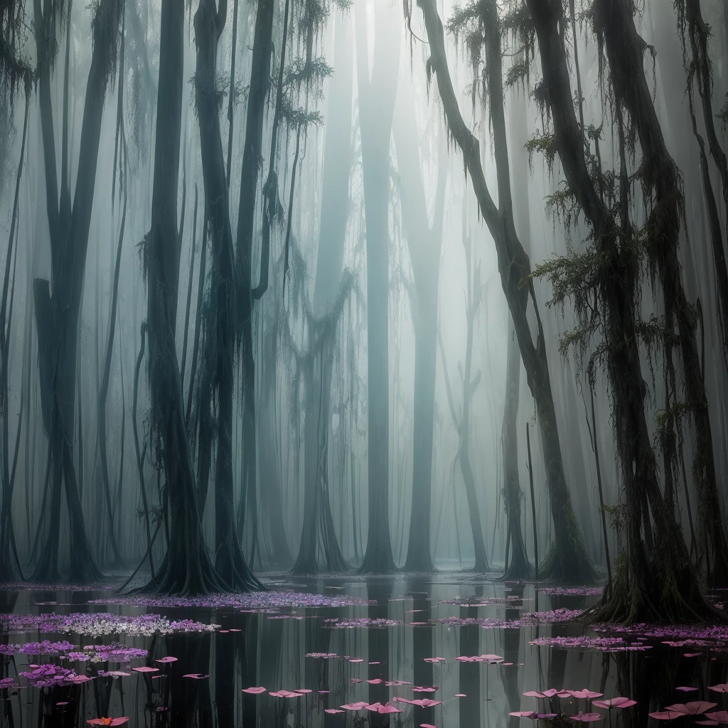 there are many flowers that are growing in the water, artistic swamp with mystic fog, misty swamp, located in a swamp at sunrise, scene from louisiana swamps, foggy swamp, in a misty pond, louisiana swamps, mystical forest lagoon, beautiful and mysterious, harmony of swamp, in a foggy pond, swamp forest, flooded swamp, extremely beautiful and ethereal, bayou