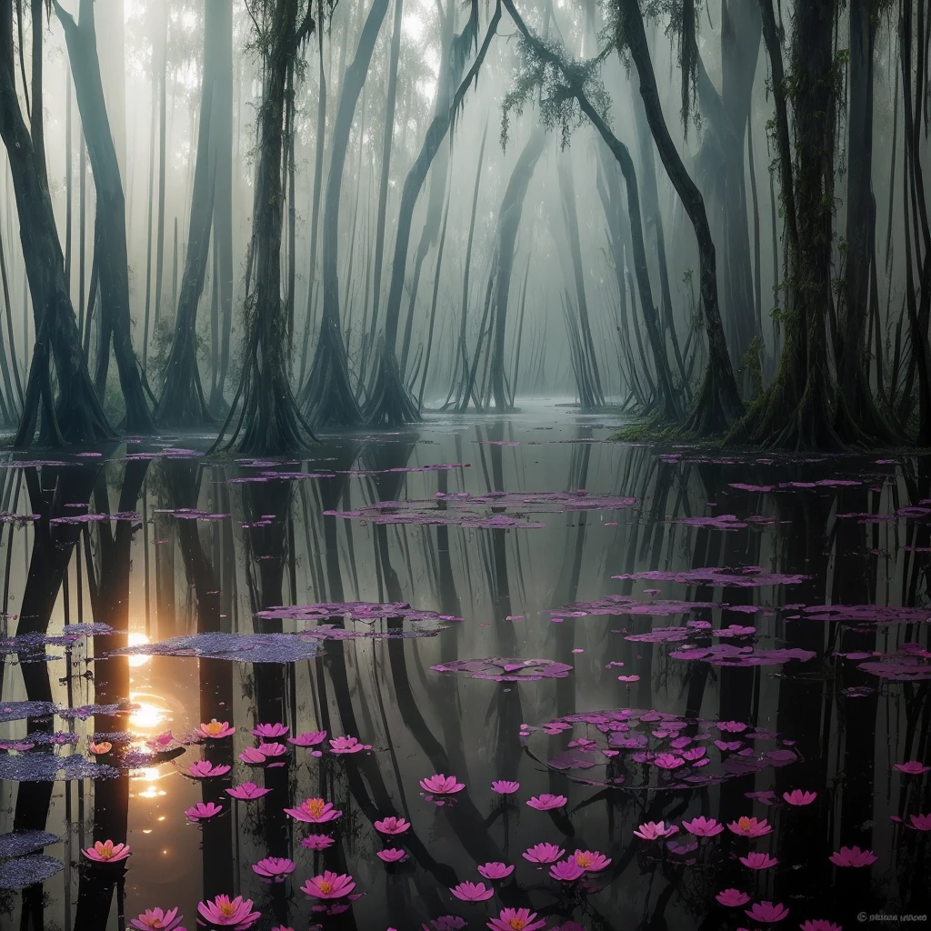 there are many flowers that are growing in the water, artistic swamp with mystic fog, misty swamp, located in a swamp at sunrise, scene from louisiana swamps, foggy swamp, in a misty pond, louisiana swamps, mystical forest lagoon, beautiful and mysterious, harmony of swamp, in a foggy pond, swamp forest, flooded swamp, extremely beautiful and ethereal, bayou