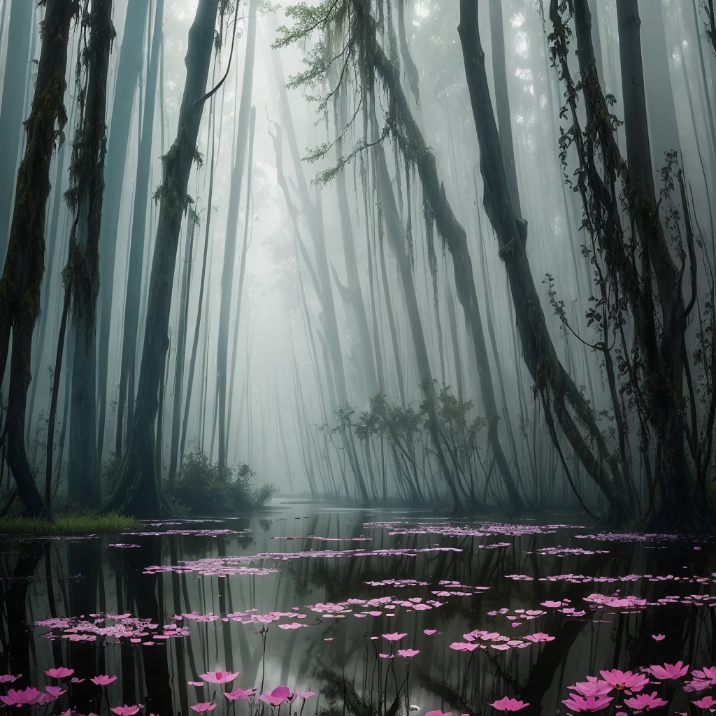 there are many flowers that are growing in the water, artistic swamp with mystic fog, misty swamp, located in a swamp at sunrise, scene from louisiana swamps, foggy swamp, in a misty pond, louisiana swamps, mystical forest lagoon, beautiful and mysterious, harmony of swamp, in a foggy pond, swamp forest, flooded swamp, extremely beautiful and ethereal, bayou