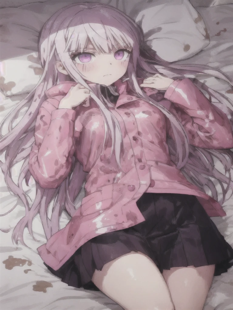 a girl laying in bed, kyoko kirigiri, wearing a pink shiny buttoned raincoat, ((muddy clothes)), covered in mud, mud splatters, embarrassed expression on her face, bright lighting, vivid colors