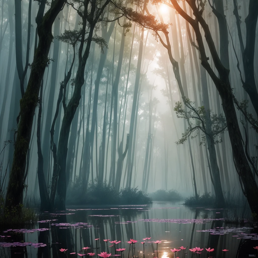 there are many flowers that are growing in the water, a picture by Leland Bell, flickr, romanticism, artistic swamp with mystic fog, misty swamp, located in a swamp at sunrise, scene from louisiana swamps, foggy swamp, in a misty pond, louisiana swamps, mystical forest lagoon, beautiful and mysterious, harmony of swamp, in a foggy pond