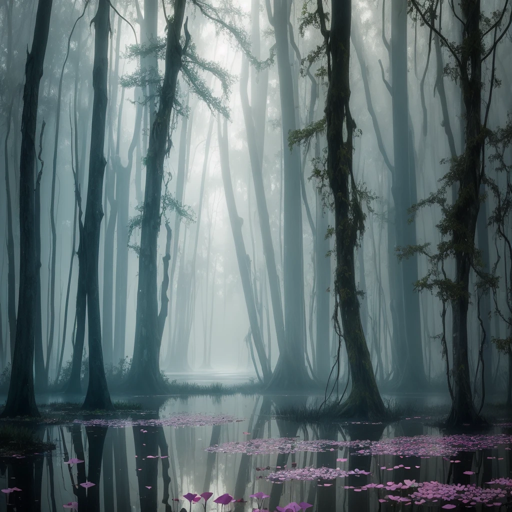 there are many flowers that are growing in the water, a picture by Leland Bell, flickr, romanticism, artistic swamp with mystic fog, misty swamp, located in a swamp at sunrise, scene from louisiana swamps, foggy swamp, in a misty pond, louisiana swamps, mystical forest lagoon, beautiful and mysterious, harmony of swamp, in a foggy pond