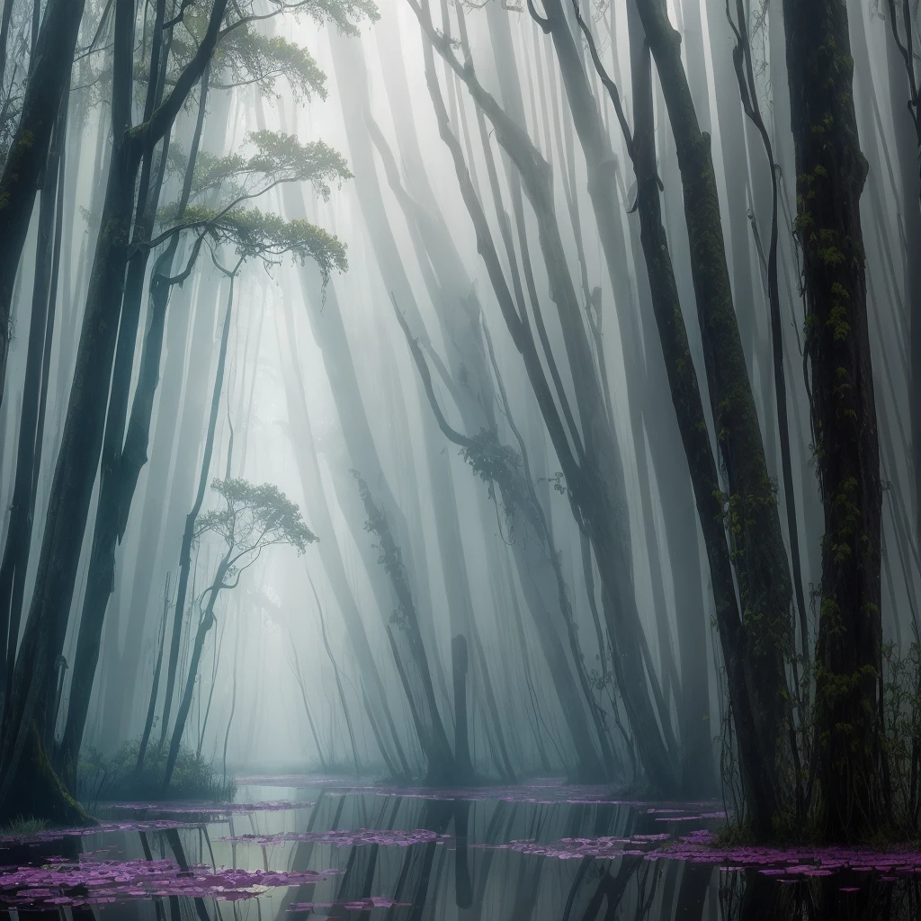 there are many flowers that are growing in the water, a picture by Leland Bell, flickr, romanticism, artistic swamp with mystic fog, misty swamp, located in a swamp at sunrise, scene from louisiana swamps, foggy swamp, in a misty pond, louisiana swamps, mystical forest lagoon, beautiful and mysterious, harmony of swamp, in a foggy pond