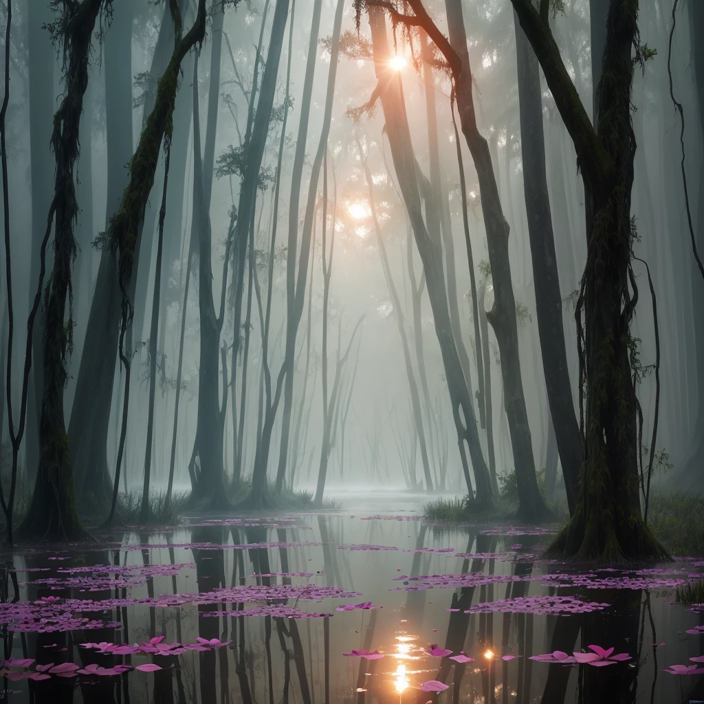there are many flowers that are growing in the water, artistic swamp with mystic fog, misty swamp, located in a swamp at sunrise, scene from louisiana swamps, foggy swamp, in a misty pond, louisiana swamps, mystical forest lagoon, beautiful and mysterious, harmony of swamp, in a foggy pond, swamp forest, flooded swamp, extremely beautiful and ethereal, bayou