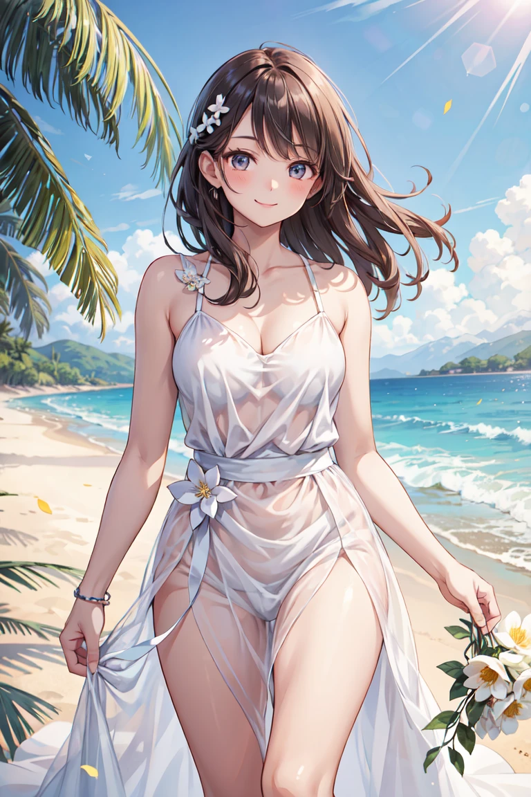 beautiful young woman, White dresses and dresses, in the beautiful beach, My hair is long and neat., flirtatious, Smiling softly, holding flowers, Ultra HD, realistic, Bright colors, Highly detailed, UHD Drawing, perfect composition, Complex with beautiful details
