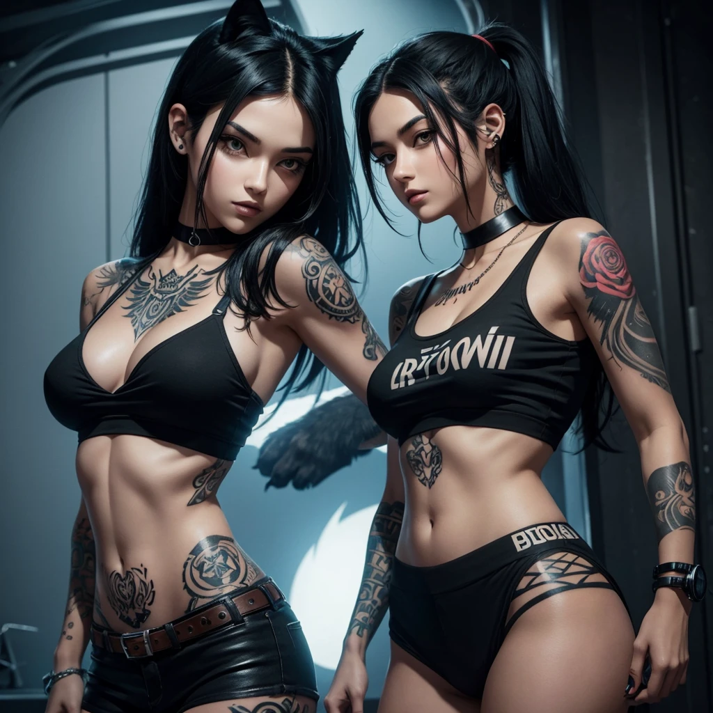 animated style, a girl with black hair and a tattoo on her arm, accompanied by a wolf