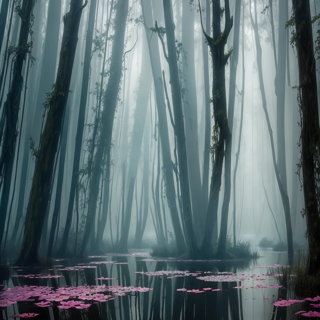 there are many flowers that are growing in the water, artistic swamp with mystic fog, misty swamp, located in a swamp at sunrise, scene from louisiana swamps, foggy swamp, in a misty pond, louisiana swamps, mystical forest lagoon, beautiful and mysterious, harmony of swamp, in a foggy pond, swamp forest, flooded swamp, extremely beautiful and ethereal, bayou