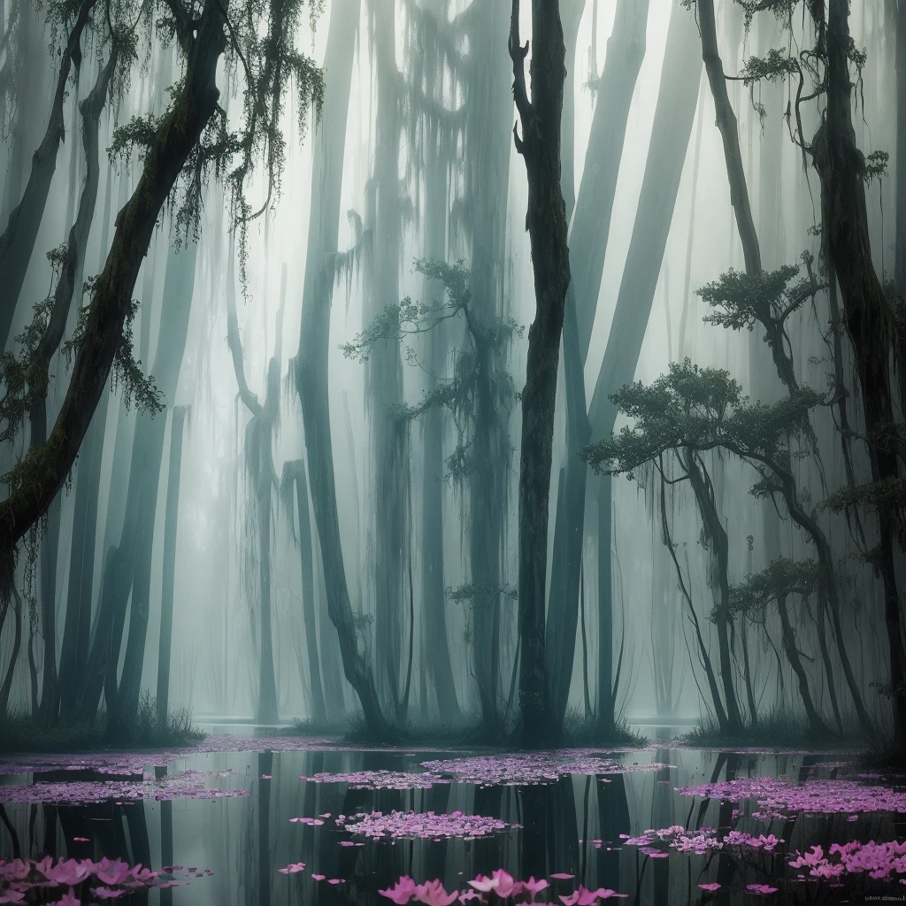 there are many flowers that are growing in the water, a picture by Leland Bell, flickr, romanticism, artistic swamp with mystic fog, misty swamp, located in a swamp at sunrise, scene from louisiana swamps, foggy swamp, in a misty pond, louisiana swamps, mystical forest lagoon, beautiful and mysterious, harmony of swamp, in a foggy pond