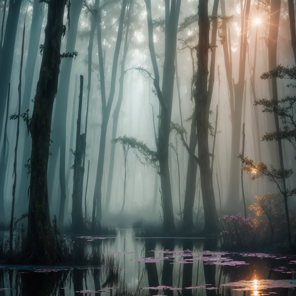 there are many flowers that are growing in the water, a picture by Leland Bell, flickr, romanticism, artistic swamp with mystic fog, misty swamp, located in a swamp at sunrise, scene from louisiana swamps, foggy swamp, in a misty pond, louisiana swamps, mystical forest lagoon, beautiful and mysterious, harmony of swamp, in a foggy pond