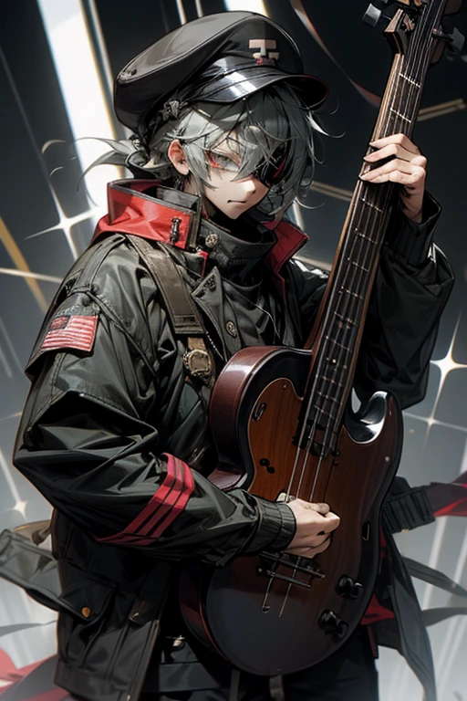 Visual Kei Band,bass,army jacket,army hat,Eye patches for both eyes,cool,old male,bassist,