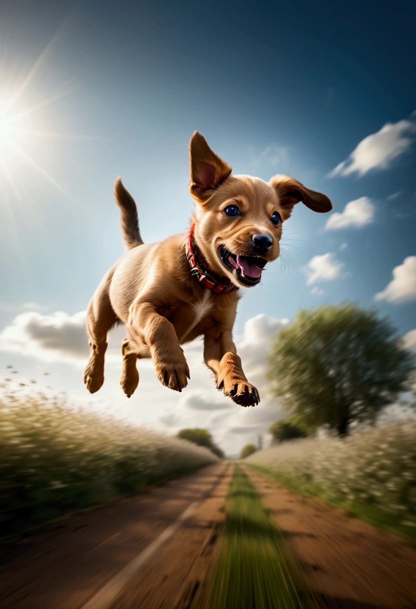 A speeding (Flying Puppy), sky, with motion blur, photography, cinematic lighting, full body, award-winning, cinematic still, emotional, vignette, dynamic, vivid, (masterpiece, best quality, Professional, perfect composition, very aesthetic, absurdres, ultra-detailed, intricate details:1.3)