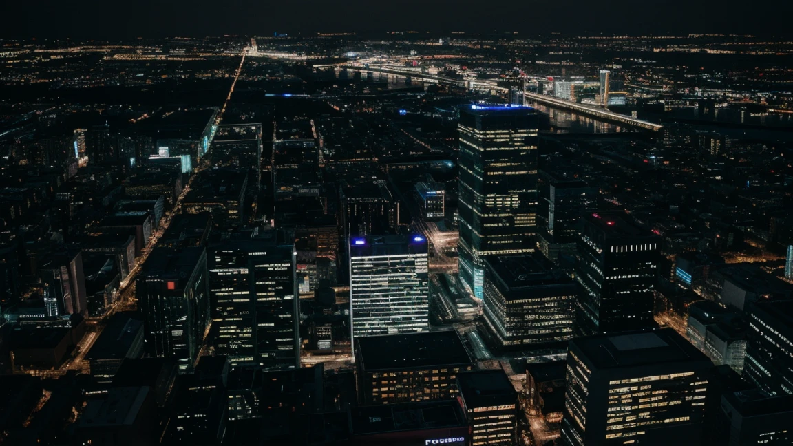 landscape, no one, city, roof of a tall building, night, neon lights, illustration, cinematic lighting, close-up, from above, UHD, best quality, 4K