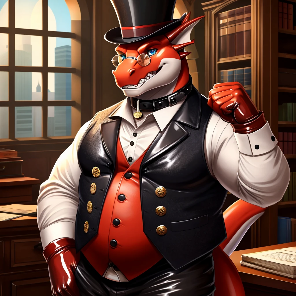 Solo, Male, fat, extremely obese, gentleman, dapper Professor Dragon, blue eyes, (posing:1.3), (soft shading), 4k, hi res, ((detailed face, detailed)), looking at viewer, mouth wide open, steampunk, dapper clothing, collared shirt with buttons, top hat, male focus, Explorer Outfit, glasses, monocle, vest with buttons, sleeves rolled up, round eyewear, brown headwear, brown vest, office, Dragon is wearing a glossy leather dog collar around the neck, Dragon is wearing the leather collar and shirt and vest at the same time, Dragon is wearing glossy white rubber gloves on the hands, wearing white rubber gloves on the feet, gloves are rubber in texture, clenching teeth, clenching fists, leather collar is glossy and shiny with a lot of detail, Dragon is wearing gloves and leather collar at the same time, leather collar has a round dog-tag, leather collar is thick and detailed, leather collar is glossy and shiny, fancy clothing, dapper vest, dapper shirt, leather collar is thick, glossy leather collar.