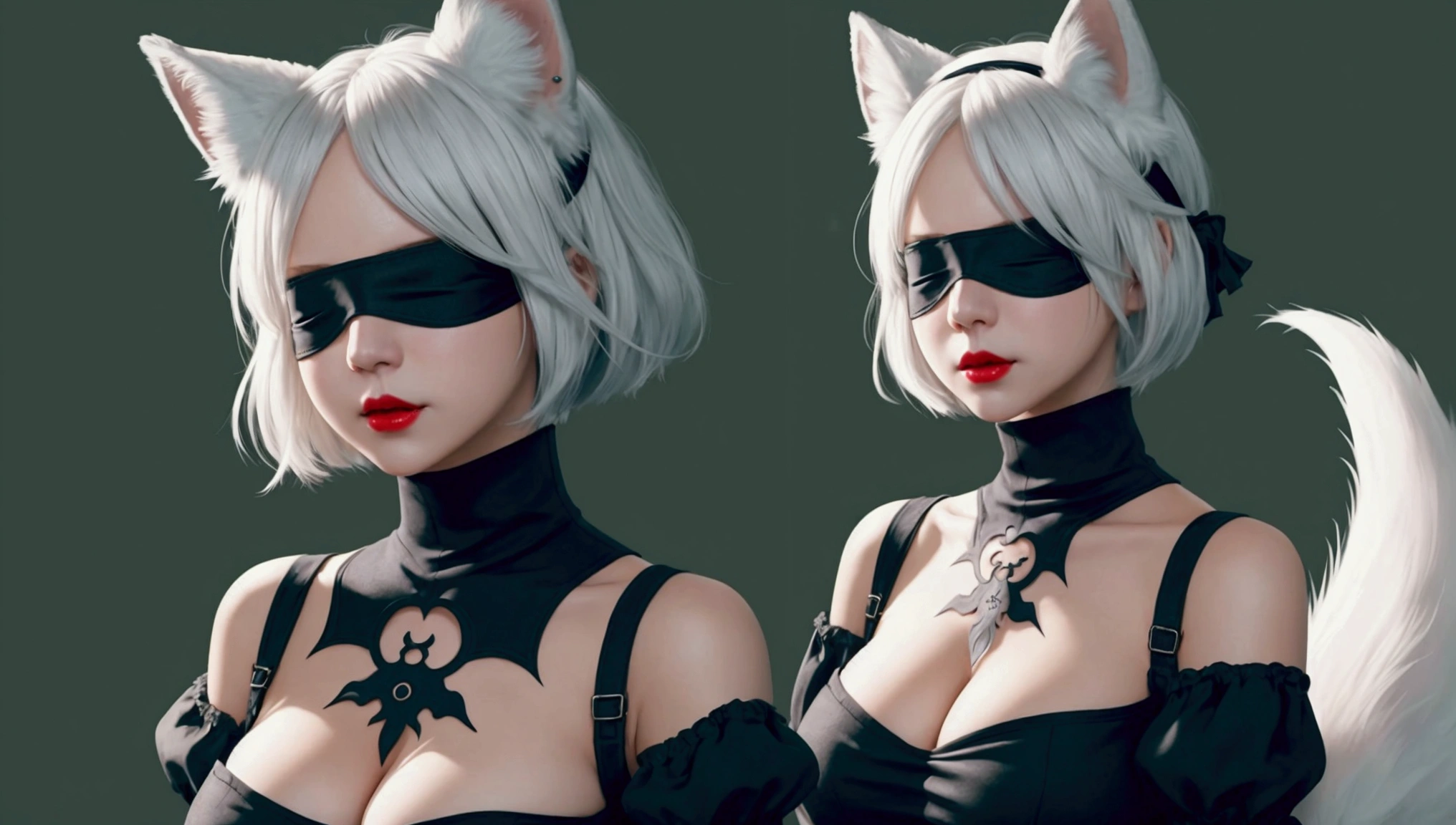 1girl, wlop, (blindfold), breasts, cleavage, cleavage cutout, dress cutout, green background, hair between eyes, headband, high resolution, juliet sleeves, long sleeves, nier (series), nier automata, fluffy sleeves, red lips, shadow face, short hair, solo, turtleneck sweater, upper body, l blue hair, sky, white fox ears, white fox tail, nine-tailed fox,