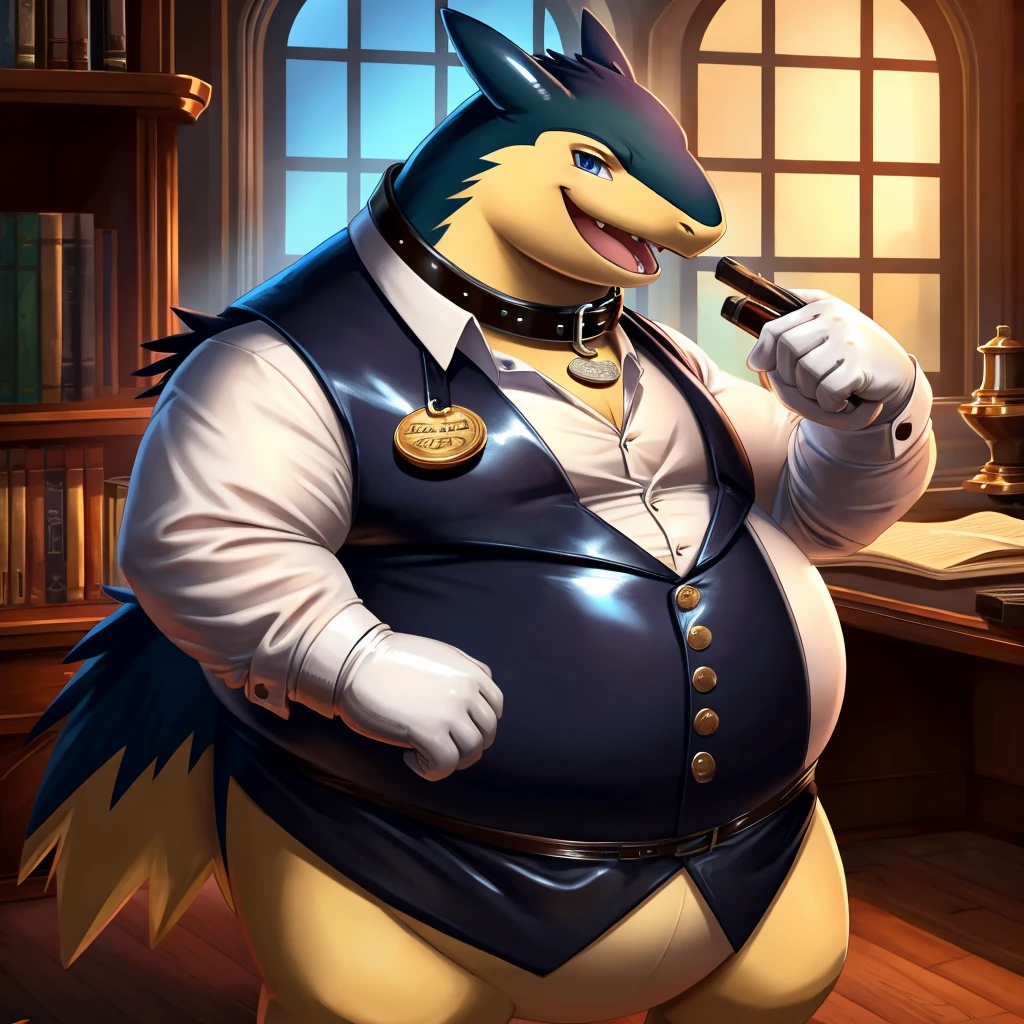 Solo, Male, fat, extremely obese, gentleman, dapper Professor Typhlosion, steampunk, blue eyes, (posing:1.3), (soft shading), 4k, hi res, ((detailed face, detailed)), looking at viewer, mouth wide open, evil laugh, dapper clothing, collared shirt with buttons, top hat, male focus, Explorer Outfit, glasses, monocle, vest with buttons, sleeves rolled up, round eyewear, brown headwear, brown vest, office, Typhlosion is wearing a glossy leather dog collar around the neck, Typhlosion is wearing the leather collar and shirt and vest at the same time, Typhlosion is wearing glossy white rubber gloves on the hands, wearing white rubber gloves on the feet, gloves are rubber in texture, clenching fists, leather collar is glossy and shiny with a lot of detail, Typhlosion is wearing gloves and leather collar at the same time, leather collar has a round dog-tag, leather collar is thick and detailed, leather collar is glossy and shiny, fancy clothing, dapper vest, dapper shirt, leather collar is thick, glossy leather collar.