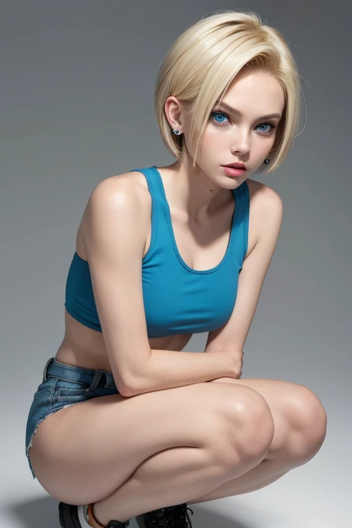 sexaroid,Android18,blonde short hair,ring earrings,light blue eyes,cool beauty,squat down on your knees,(turn one's face up),narrow your eyes,(open your mouth:1.5),turn to the viewer,(((look directly above the face))),(((White short-sleeved T-shirt,skinny denim))),pearl necklace,blank background,close up of face、