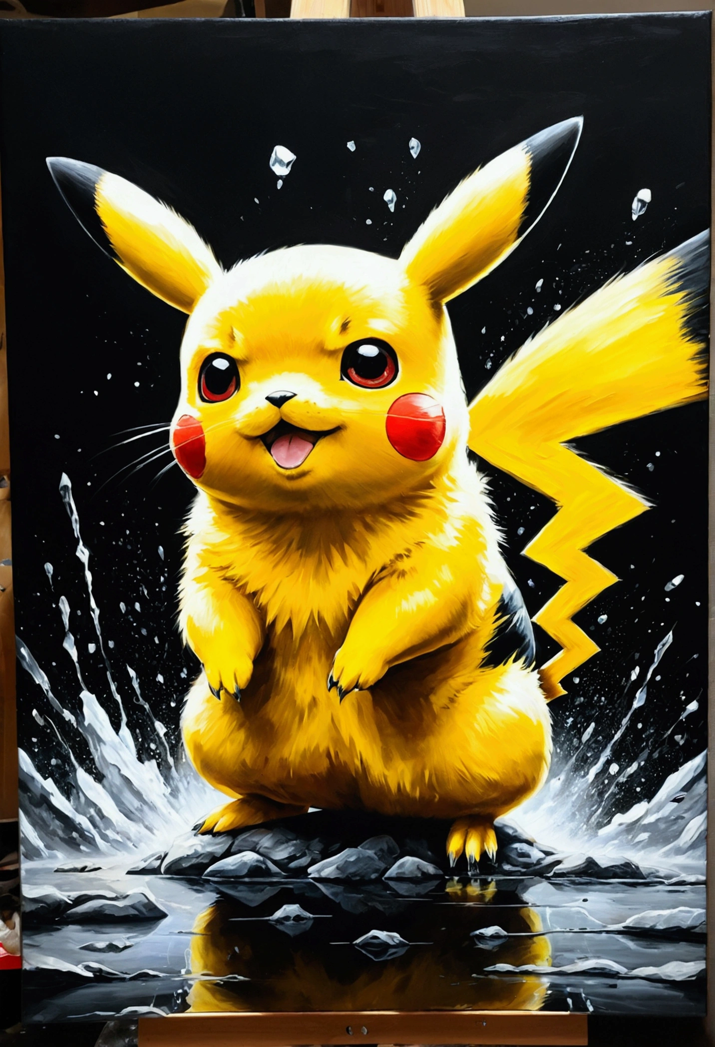 striking pikachu painting, highy detailed, 8k, Spitz, proffesional, clearing, hight contrast, high saturation, , deep, vivid blacks, crystal clearing