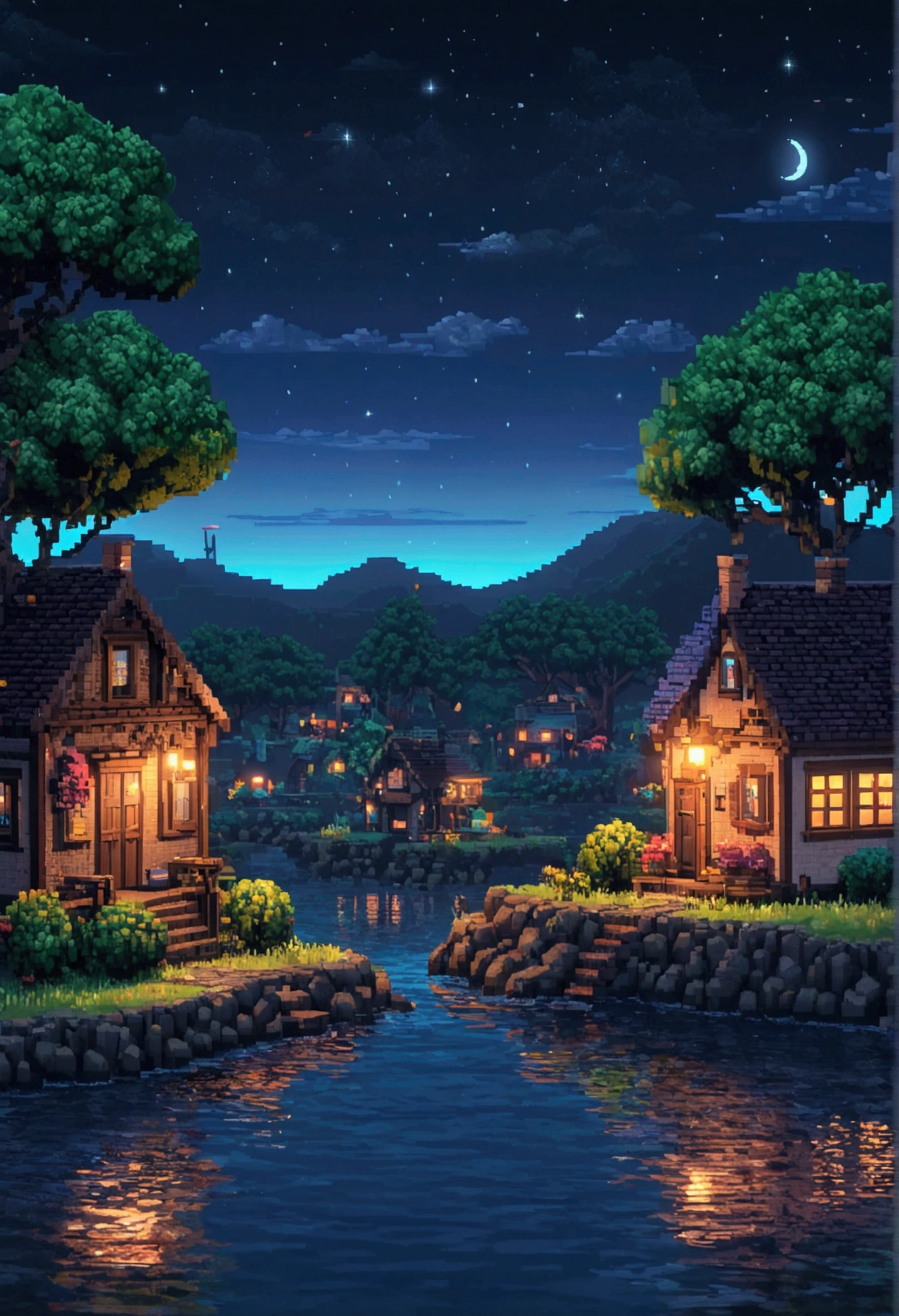 Pixel art calm place landscape.美しいnight空.Focus on small towns. night. 3D Pixel Art 4K. Incredible pixel art detail. Pixel art. Detailed Unreal Engine pixel art.1280 720