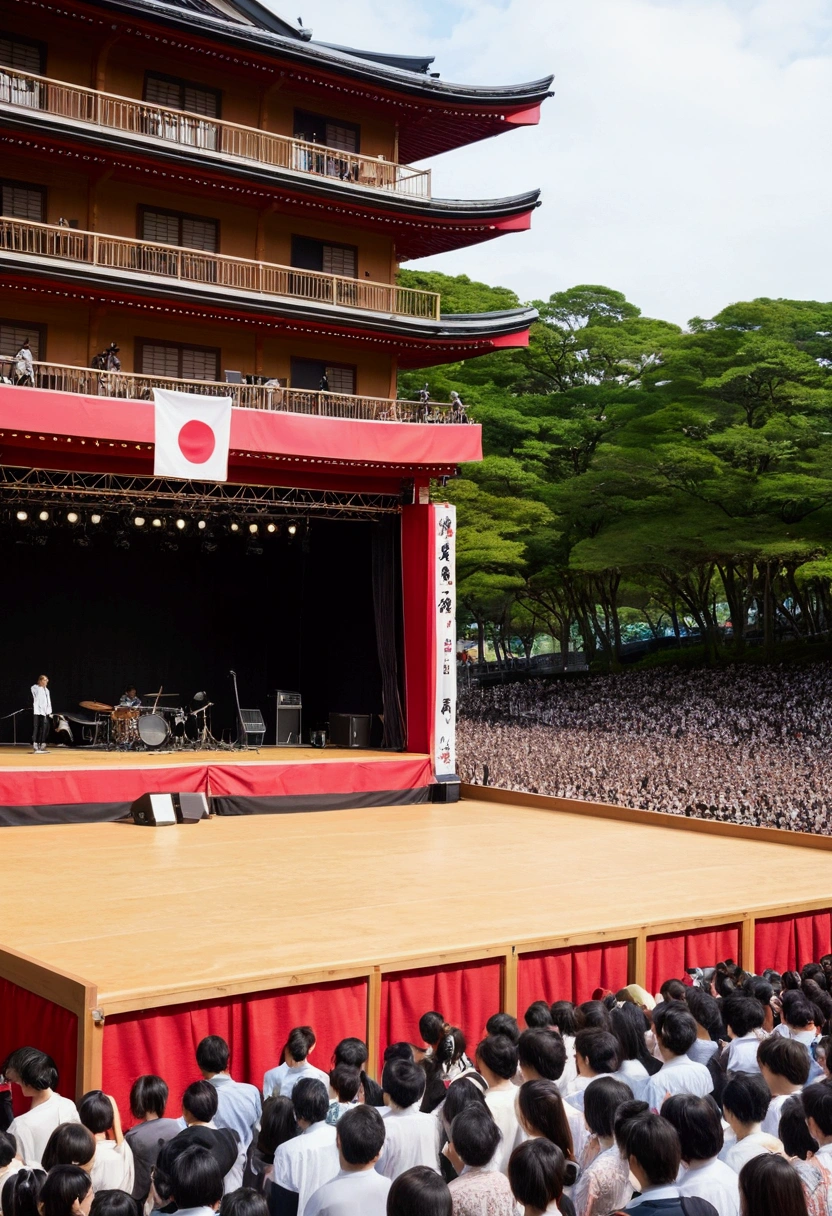 Japan、Festivals、Bon dance、wooden、A two-tiered square stage、A big drum on the stage、high tech、The plaza surrounding the stage、distinct、Cinematic、Anime influences、ultra modern、Sharp Focus、landscape、front