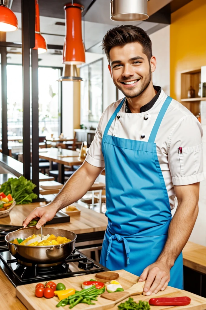 A handsome chef cooking while smiling 8n a colorful restaurant