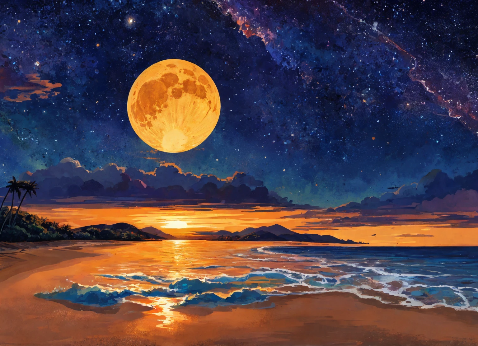 Transition at the beach Express the cycle of day and night at the beach by using contrasting colors. Sunset images use warm colors to convey the energy and activity of the evening. While the moonrise uses cool colors to convey the tranquility and reflection of the night through these works. Viewers will completely experience the beauty and nuances of natural transformation. It comes out as a mix of cool colors and warm colors.