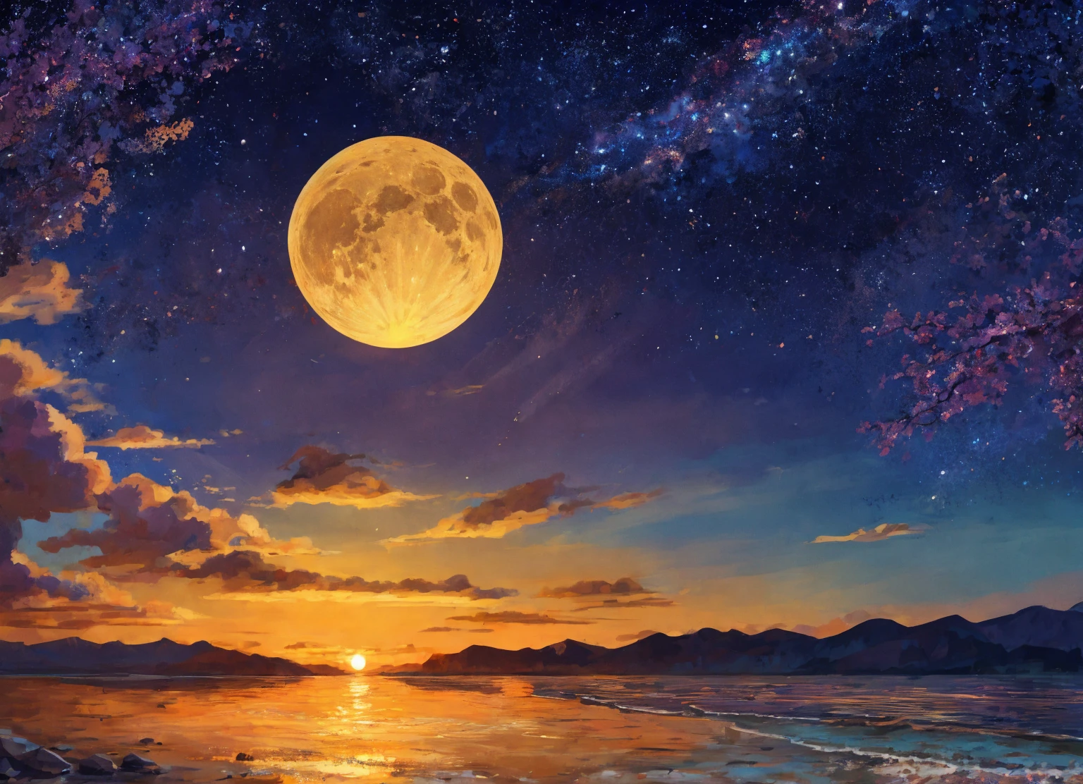 Transition at the beach Express the cycle of day and night at the beach by using contrasting colors. Sunset images use warm colors to convey the energy and activity of the evening. While the moonrise uses cool colors to convey the tranquility and reflection of the night through these works. Viewers will completely experience the beauty and nuances of natural transformation. It comes out as a mix of cool colors and warm colors.