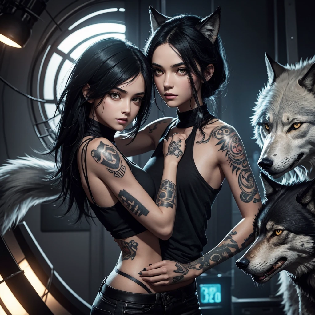 animated style, a girl with black hair and a tattoo on her arm, accompanied by a wolf