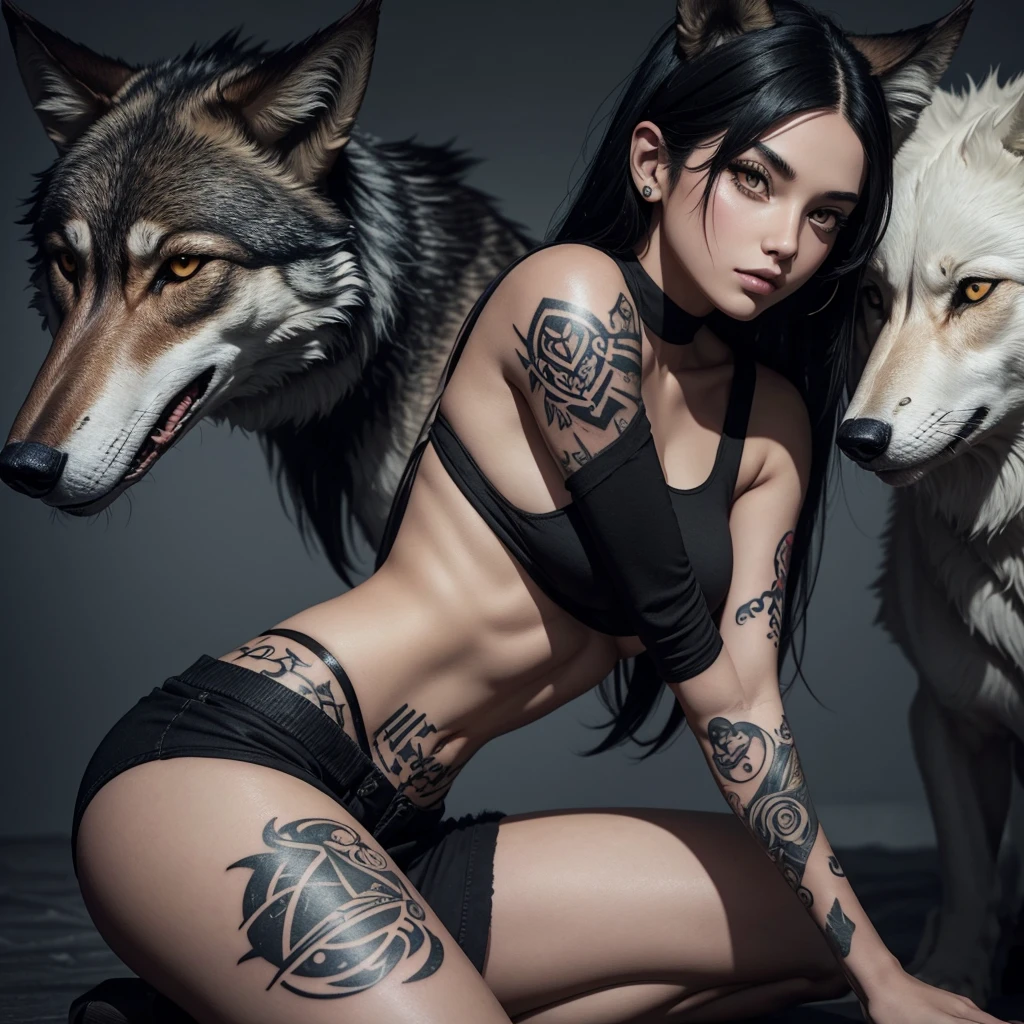 animated style, a girl with black hair and a tattoo on her arm, accompanied by a wolf