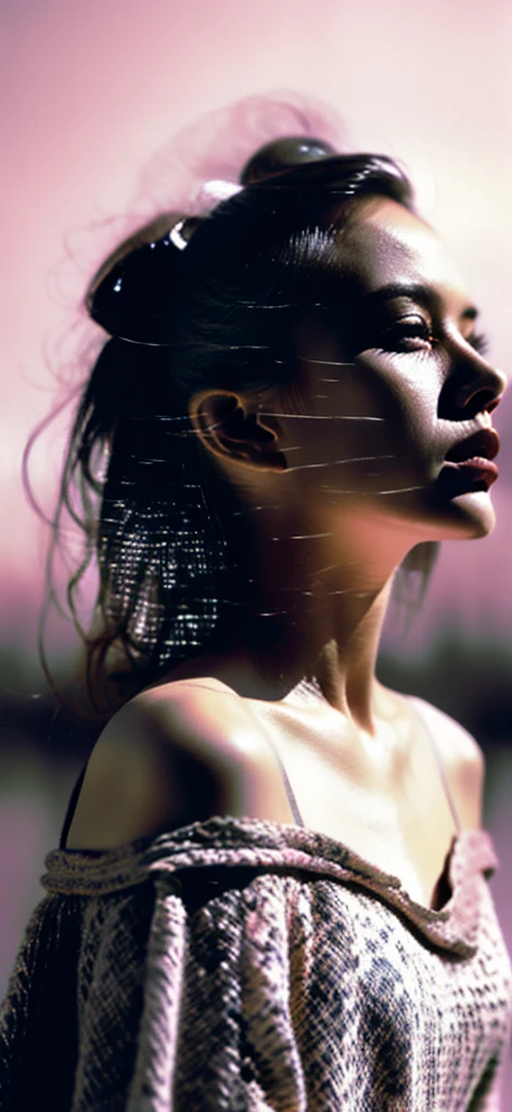 ((One guy,adrian ghenie,jenny saville,edward hopper,dark art by james jean,takato yamamoto)),(RAW photos,best qualtiy),(nostalgia,1980s)),(A girl with a literary touch:1.2),closeup of face,(photorealestic,photograph realistic:1.3),Extremely Delicately Beautiful,Amazing,Fine details, tmasterpiece,Hyper-detailing,A high resolution,Most Best Illustration,Best shadow,complex,depth of fields,1girll,(long leges:1.4),long whitr hair,messy hair,((((low tune,Dark scene,Dim light)))),plumw,cropped shoulders,Prom Dresses,Advanced coiled hair,((gentlesoftlighting:1.4))),(paleskin:1.4),(smile shy),(Movie Angle),tack sharp focus,volume fog,8K UHD,digital SLR camera,high qulity,(filmgrain:1.4),Fuji XT3,(looking at viewert)Combine a portrait with a serene natural lavender landscape, creating a harmonious double exposure effect, double exposure drama poster style,