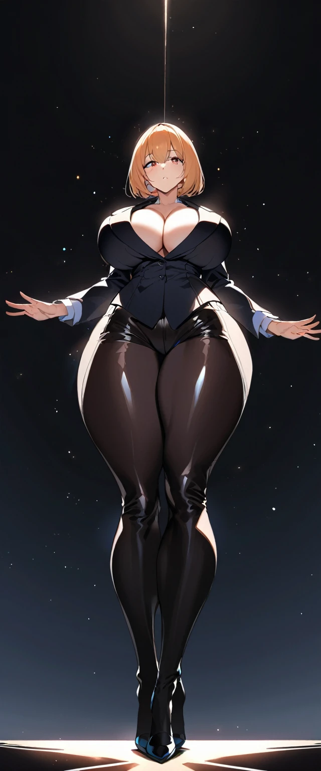 dutch_angle, from_below,full body,very tall girl, huge breasts,cleavage,thick thighs,very long arms,very long legs, small waist, black suit,short hair, black background
