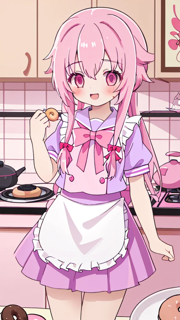 (1girl in、solo、Laugh、Cooking in the kitchen、Cooking donut in plate) pink hair, pink eyes with love, detailed eyes, straight hair, straight bangs, shiny hair,
,red bowtie,purple skirt,purple shirt,pleated skirt,short sleeves, high-definition,masterpiece, best quality, slim waist, cute, sailor uniform, Wear an apron, (PastelColors: 1.3)