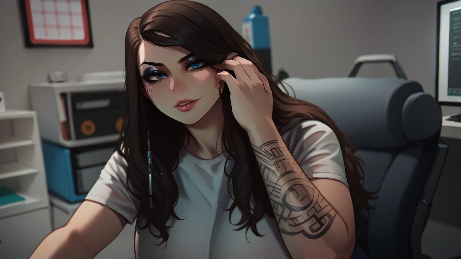 score_9, score_8_up, score_7_up, score_6_up, score_5_up, score_4_up, BREAK 1girl, intricate, white t-shirt (eyeliner:1.2), looking at viewer, detailed background,huge breasts (masterpiece, high quality:1),