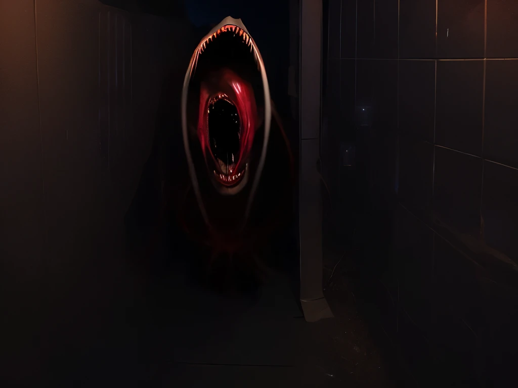 trevor henderson, very tall creature, large maw, darkness, deep shadows, in basement,