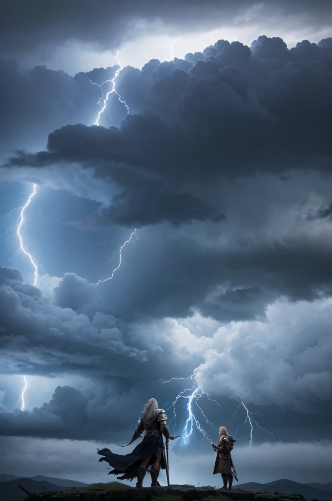 Zeus e Odin frente a frente se preparando para uma battle, stormy atmosphere, sky with lightning, ultra detailed, battle