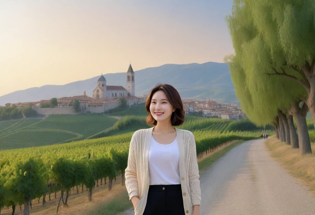 8k best picture quality, Beautiful 36-year-old Korean woman, Chest size 34 inches, northern italy dawn, View of the cathedral next to the vineyards, The back background is realistic and vivid quality., short medium hair, white t-shirt and cardigan, Wear casual pants, Smile slightly. the background is clear, look up to the side. cottonwood tree-lined hill, Looking at the vineyards from a curved path