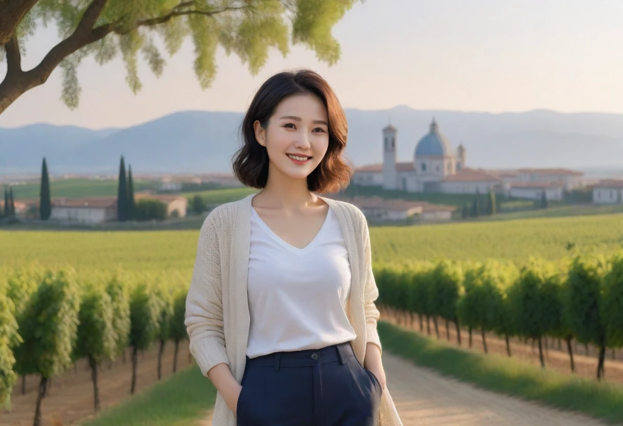 8k best picture quality, Beautiful 36-year-old Korean woman, Chest size 34 inches, northern italy dawn, View of the cathedral next to the vineyards, The back background is realistic and vivid quality., short medium hair, white t-shirt and cardigan, Wear casual pants, Smile slightly. the background is clear, look up to the side. cottonwood tree-lined hill, Looking at the vineyards from a curved path