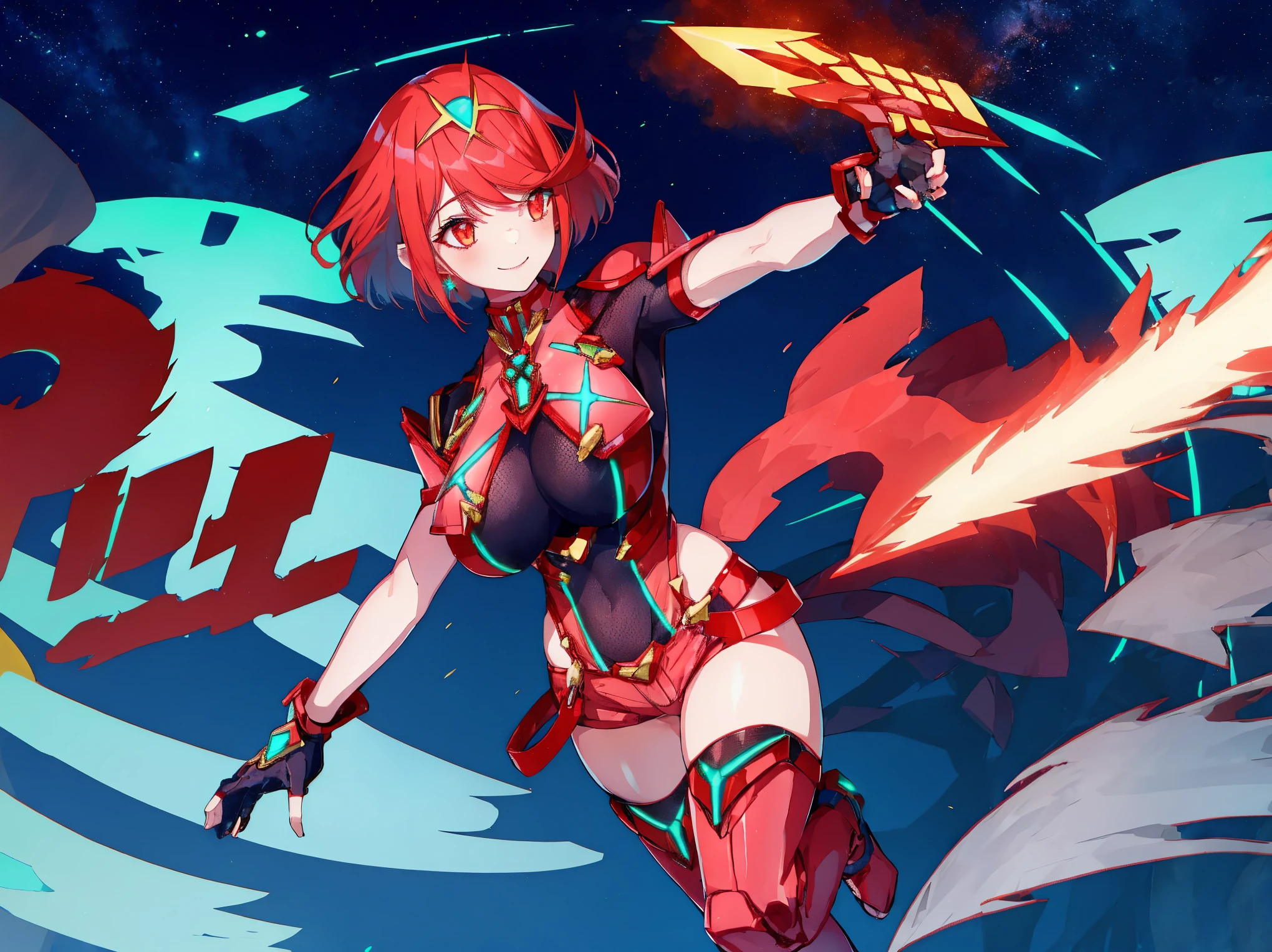 pyra \(xenoblade\), young__1girl, armor, bangs, black gloves, breasts, red eyes, closed mouth, earrings, eyelashes, fingerless gloves, floating hair, framed breasts, gem, gloves, hair ornament, headpiece, jewelry, big_breasts, leaning back, leotard, neon trim, official art, pose, red hair, red shorts, saitou masatsugu, short hair, short shorts, short sleeves, shorts, sidelocks, skin tight, solo, standing, swept bangs, thighhighs, tiara, night_prairie_background, turtleneck, underbust, vambraces, xenoblade chronicles \(series\), (xenoblade chronicles 2), apart_legs, fire_effect,dynamic_pose_fighting,light_smile, (plump:1.1), big_ass,huge_sword, hold_large_sword_hilt, solo, covered_nipples, covered_pussy,