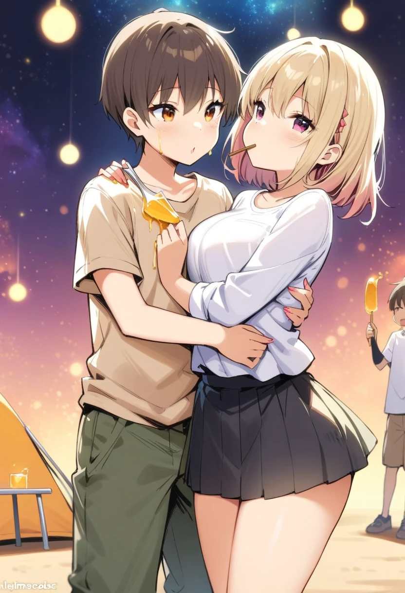 masterpiece, best quality, very aesthetic, absurd, up to date,1 Girl, Embracee tit, Pleated Skirt, Tuck your shirt into your pants, Tent Shirt,Honey,Shota,Lovely_small_Boys,Embrace,,On the playground,Glowing stardust background,fantasy,shiny,firefly,