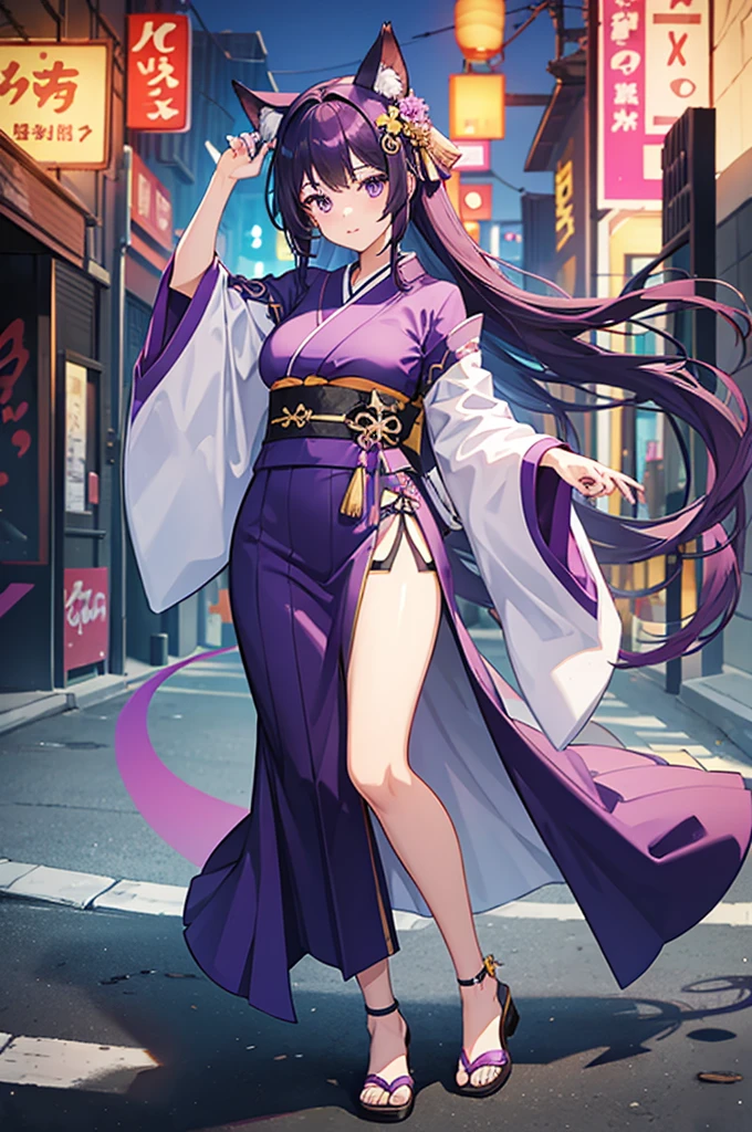 Girl VTuber, purple hair, standing straight from head to toe, animal ears, no pose, big breasts, kimono, mouth dark and clear