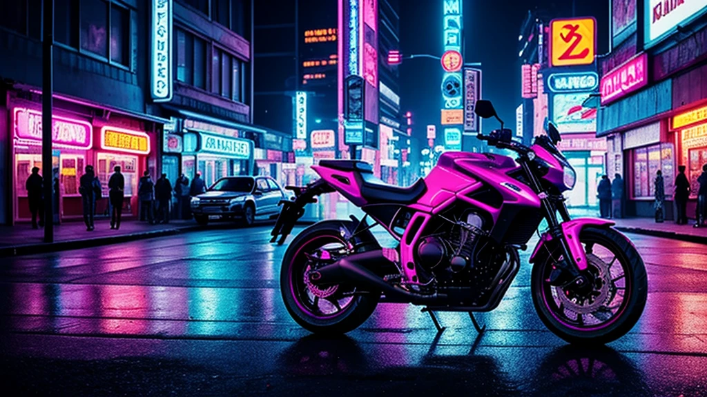 Create a digital artwork featuring a black 1996 Honda Tiger motorcycle set in a cyberpunk cityscape. The scene should be at night with a sky colored in deep purple, illuminated by various neon lights in shades of pink, blue, and purple. The motorcycle should be positioned at a moderate distance from the viewer, not too close but clearly visible, showcasing its sleek design and glowing tail lights. The street should be wet, reflecting the vibrant neon lights from the surroundings. The background should feature an urban setting with blurred neon signs, streetlights, and building silhouettes, creating a moody and immersive cyberpunk atmosphere.