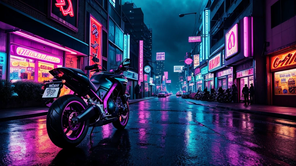 Create a digital artwork featuring a black 1996 Honda Tiger motorcycle set in a cyberpunk cityscape. The scene should be at night with a sky colored in deep purple, illuminated by various neon lights in shades of pink, blue, and purple. The motorcycle should be positioned at a moderate distance from the viewer, not too close but clearly visible, showcasing its sleek design and glowing tail lights. The street should be wet, reflecting the vibrant neon lights from the surroundings. The background should feature an urban setting with blurred neon signs, streetlights, and building silhouettes, creating a moody and immersive cyberpunk atmosphere.