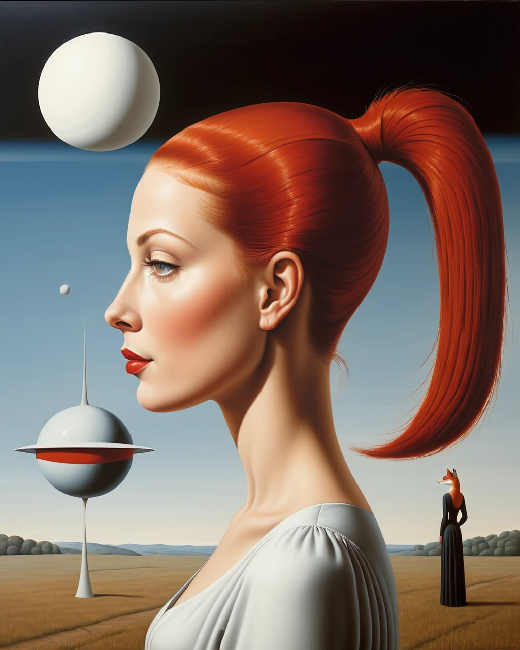 side view white girl with straight red haid no makeup acompanied with a fox, planet saturn - estilo surrealista, obra de arte surrealista, Sonhe como, Highly detailed René Magritte, obra de arte, High definition, masterpiece, painting like, HD