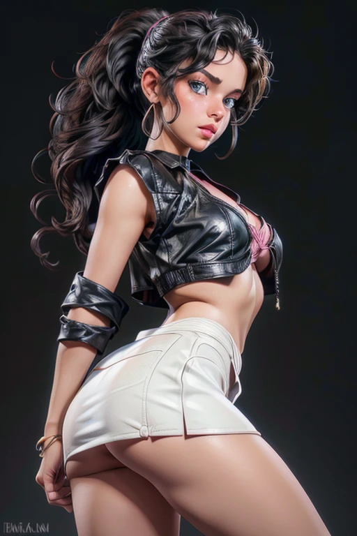 a beautiful curvy girl, milky white skin, blue eyes, curly black hair in a messy ponytail, long leather skirt, visible thick lace bralette, pink lips, seductive gaze, sexy pose, full body shot, extremely detailed face, photorealistic, masterpiece, 8k, ultra-detailed, realistic, vivid colors, warm lighting, dramatic shadows, perfect symmetrical face, small breasts