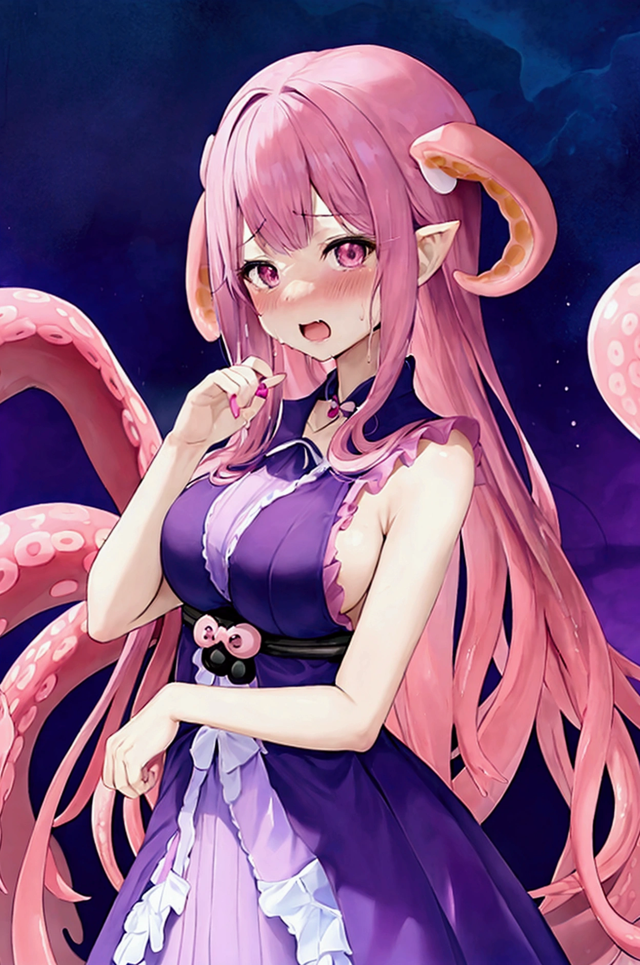 anime girl with pink hair and a purple dress holding a pink octopus, Fine details. anime. Tentacles, some Tentacles are touching her, Tentacles around, covered with Tentacles, Humanoid pink woman, splash art anime , digital art on Pixiv, Pixiv, From the Azur Lane video game, anime fantasy illustration、Tentaclesが女性期に挿入されている、Tentaclesが乳首に吸い付いている、Woman out of breath、Women having fun、rape、To be tormented、Tentaclesは全て敵、erotic、Women are being abused、Narrowed eyes and distressed expression、Sweat it out、orgasm、Erotic、Tentaclesに腰を持ち上げられて女性器をしゃぶり尽くされている